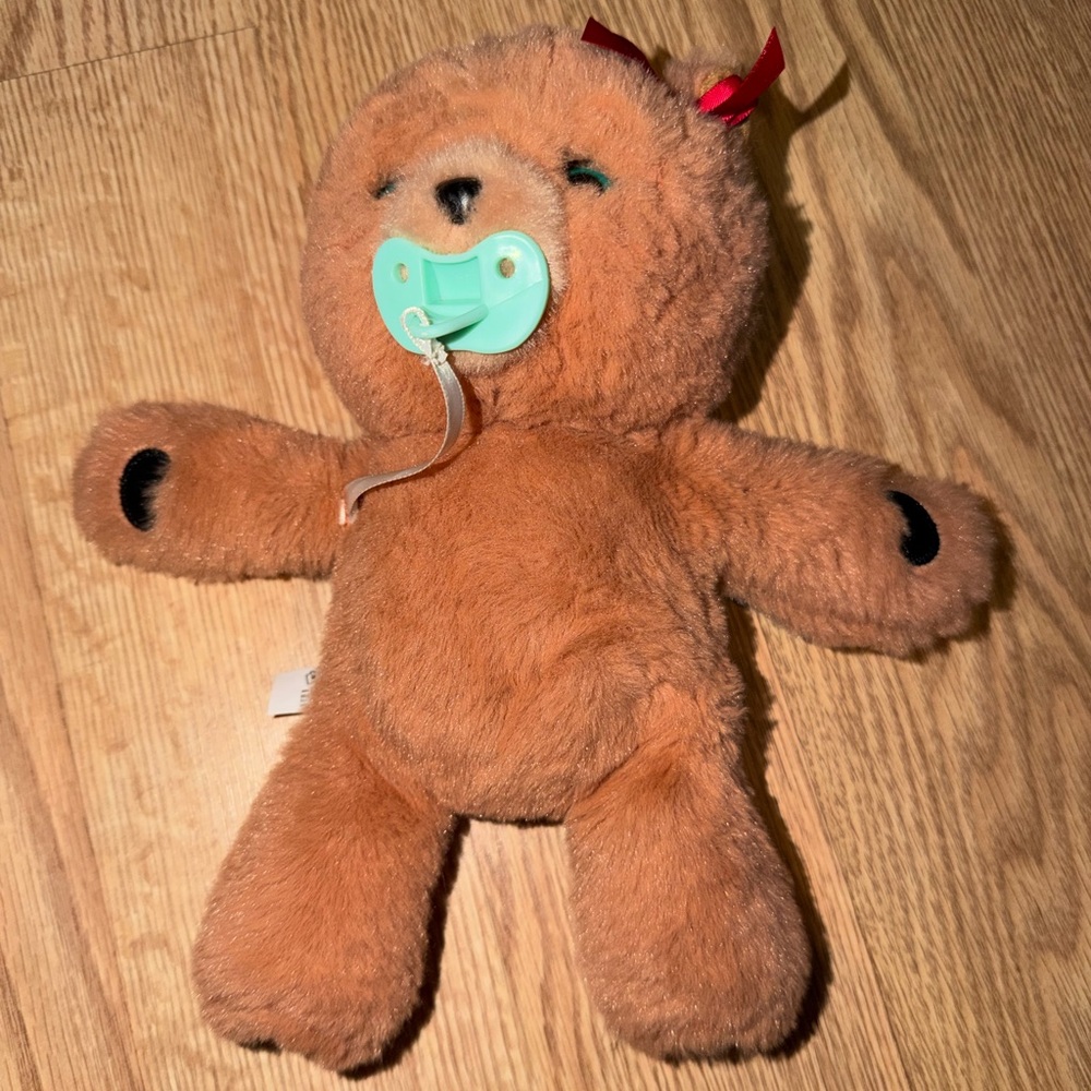 Brown Plush Teddy Bear with Mint Pacifier and Red Bow